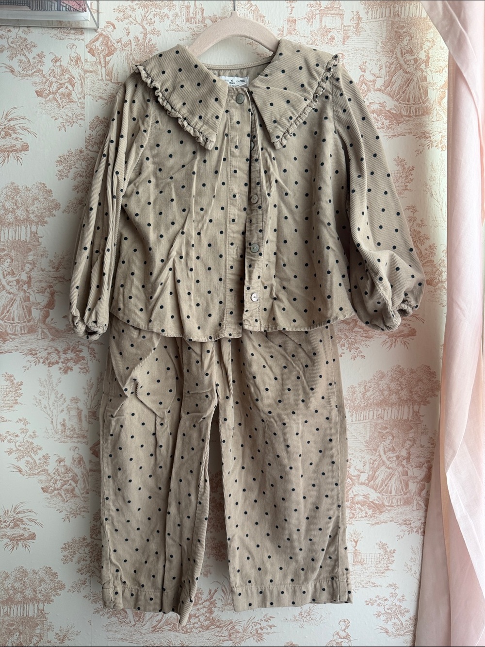 Zara Kids Beige Corduroy Polka Dot Ruffle Collar Matching Set